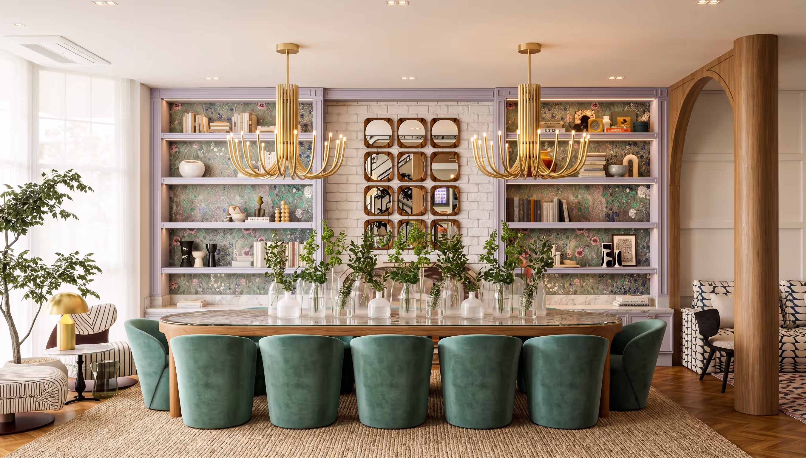 Sala de jantar clássica com mesa oval, cadeiras em veludo verde e lustres dourados